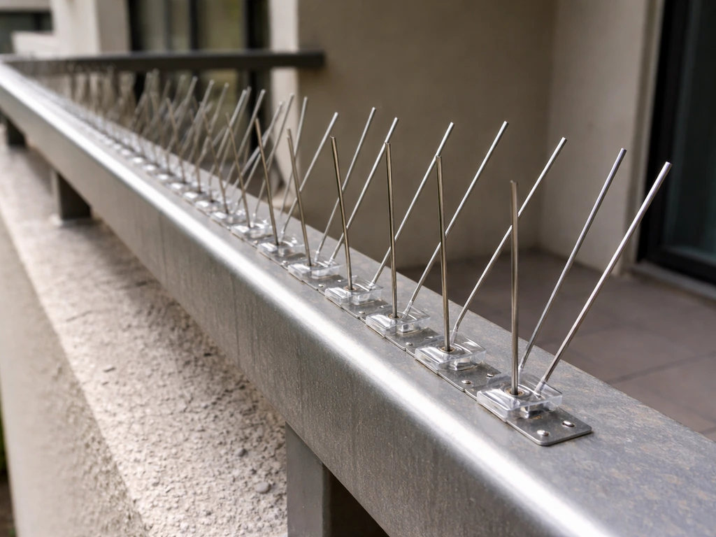 Close-up of metal bird spikes installed on a balcony railing to deter birds from perching.