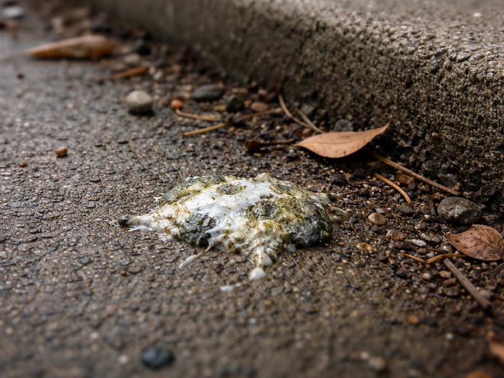 Close-up of bird droppings on concrete beside damp soil and fallen leaves, suggesting contamination risk.
