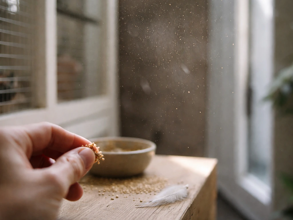 Sunlit dust motes float in the air near a small bird-feeding setup, suggesting inhalation risk.
