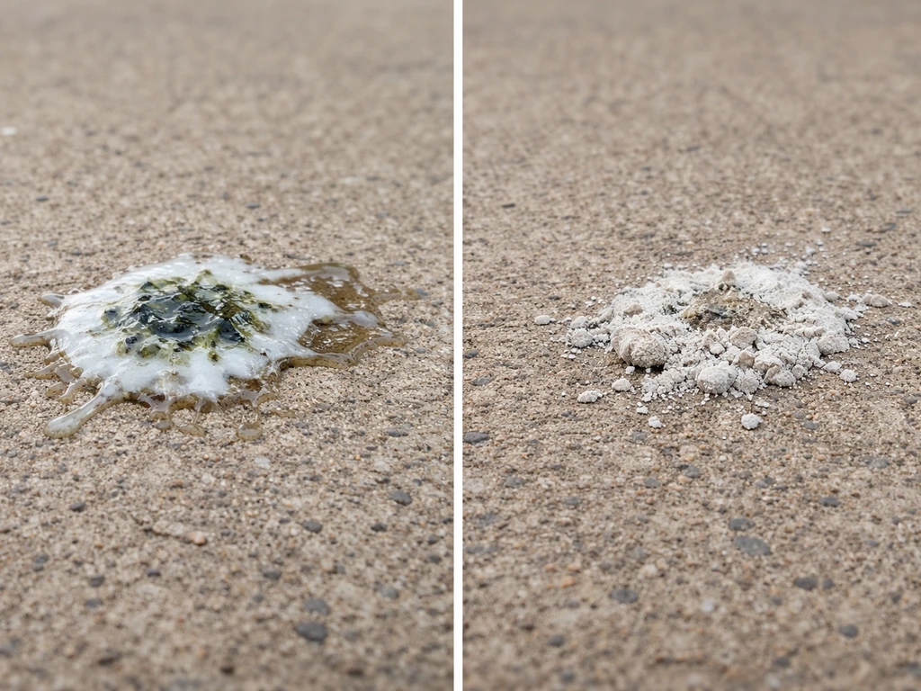 Close-up side-by-side of fresh wet bird droppings and dried cracked droppings on a sidewalk