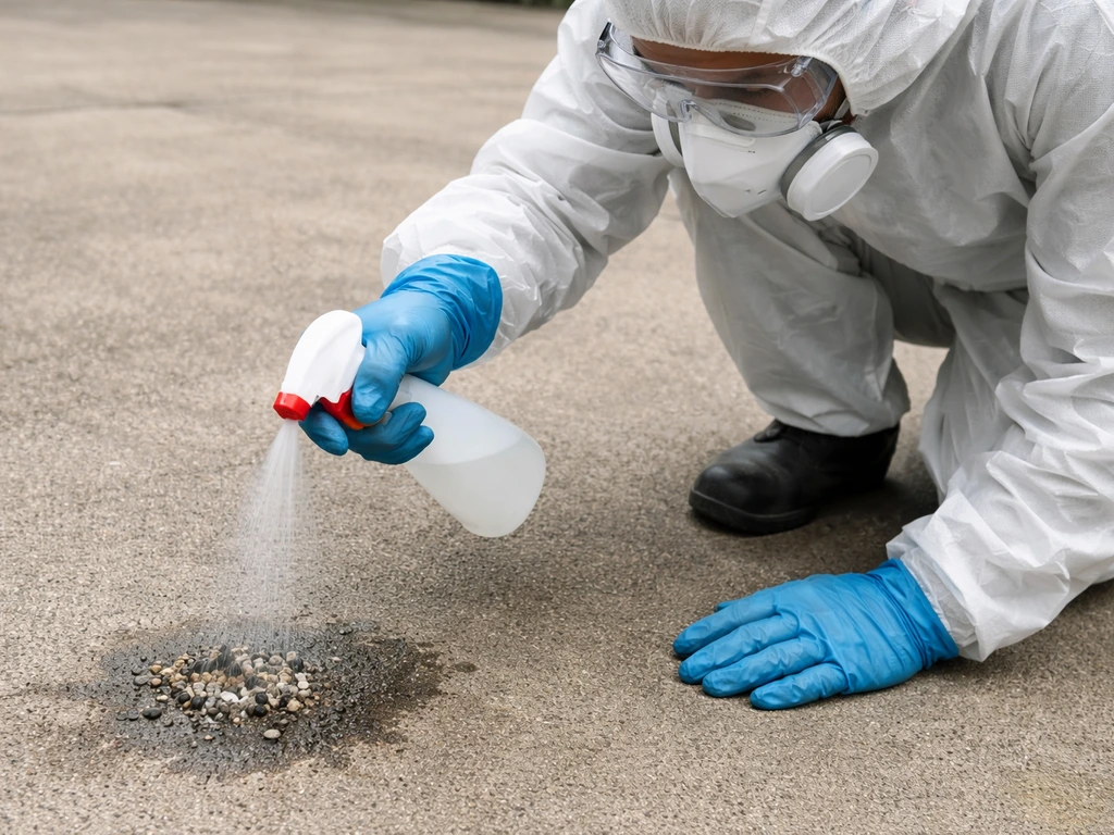 Person in respirator and gloves wets bird droppings on concrete before cleanup.