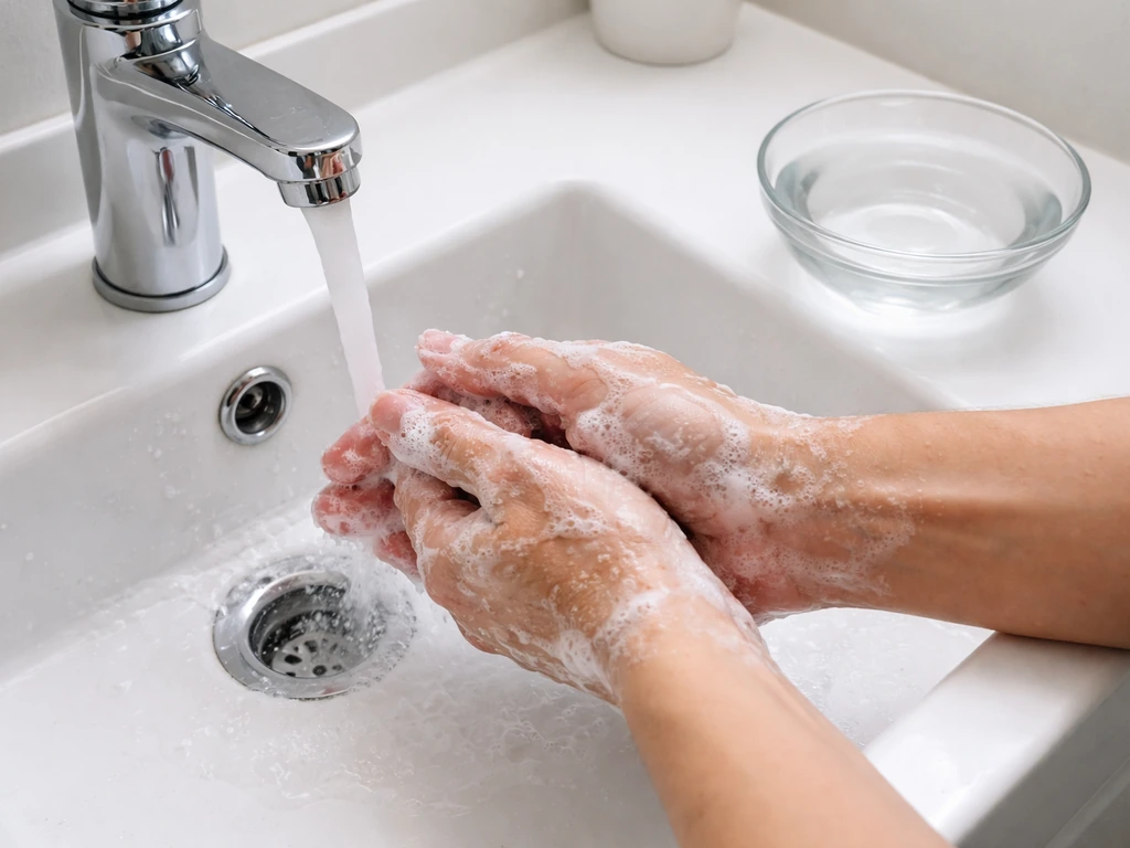 Hands washing with soap at a sink and clean water ready for rinsing eyes