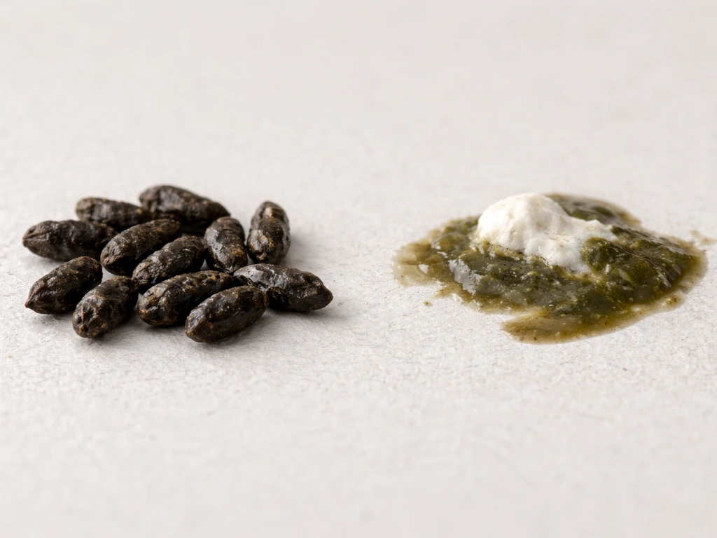 Close-up side-by-side of bat guano pellets and bird droppings showing elongated vs splat shapes.