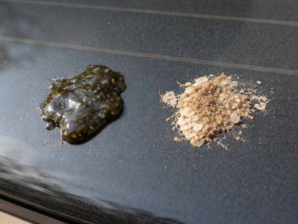 Close-up of fresh dark droppings beside dried lighter crusty residue on a car window.