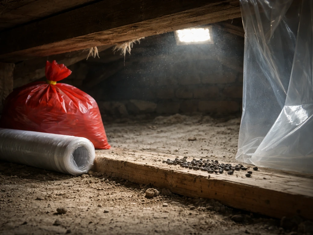 Dim attic/crawlspace with sealed plastic sheeting and visible bird or bat droppings on a floor beam