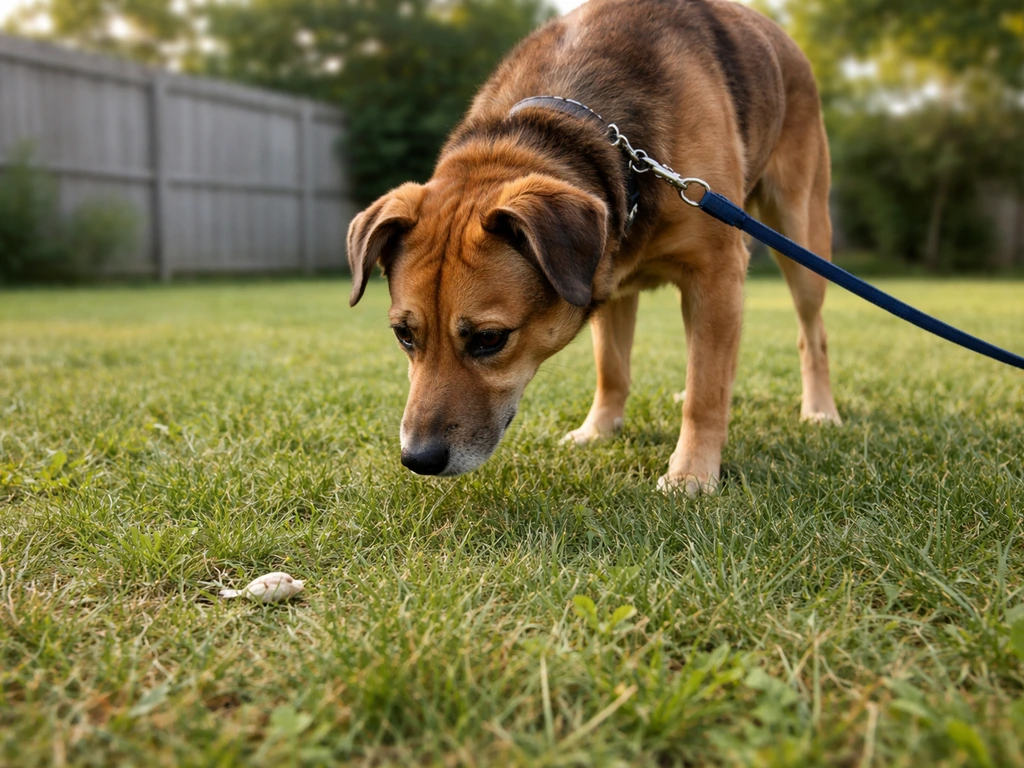 Leashed dog outdoors near a small bird dropping, looking concerned, suggesting diarrhea after eating bird poop.