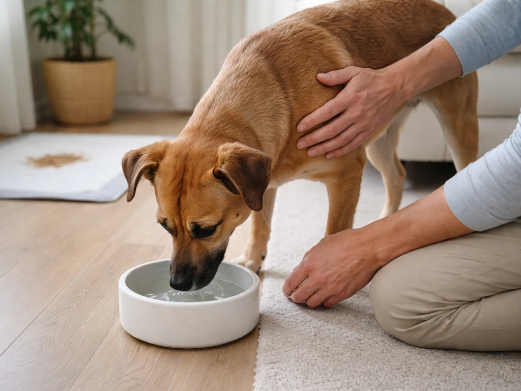 Calm home moment: dog drinking small sips from a water bowl while an owner checks them for loose stool