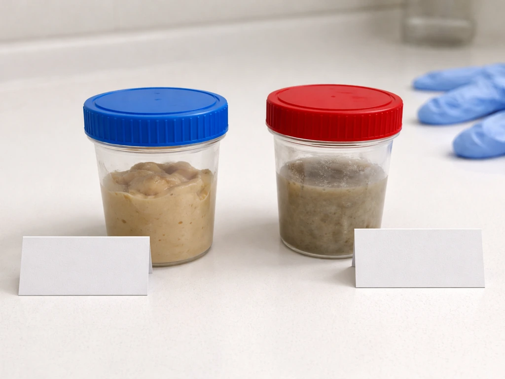 Close-up of anonymous stool sample swatches in two labeled containers showing mild vs red-flag watery diarrhea.