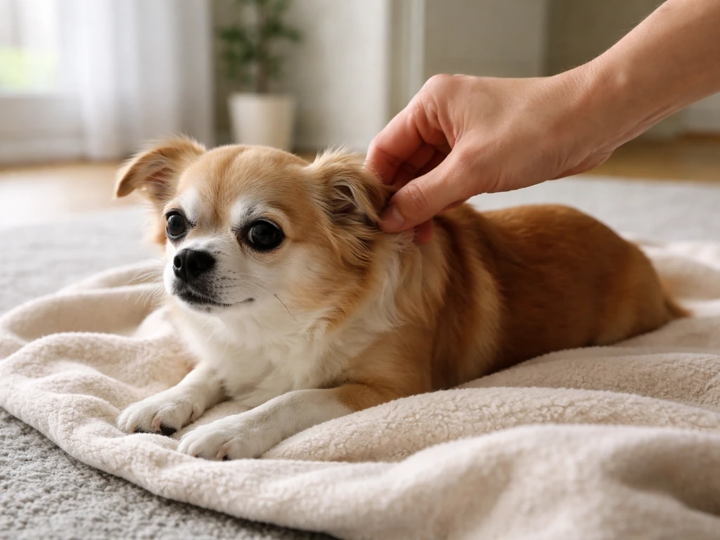 Person gently skin-pinch checks a calm small dog at home under bright natural light.