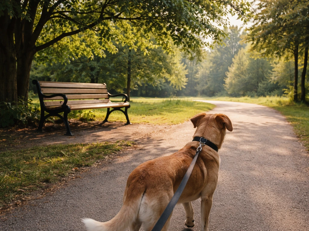 Leashed dog calmly walking past a tree-lined park bench area with visible bird-free ground