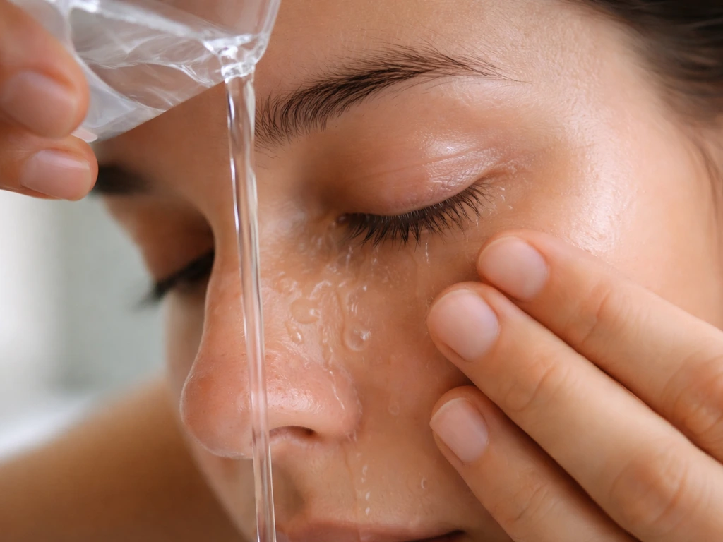 Close-up of a person’s eyes rinsed with clean lukewarm water, showing immediate eye first aid