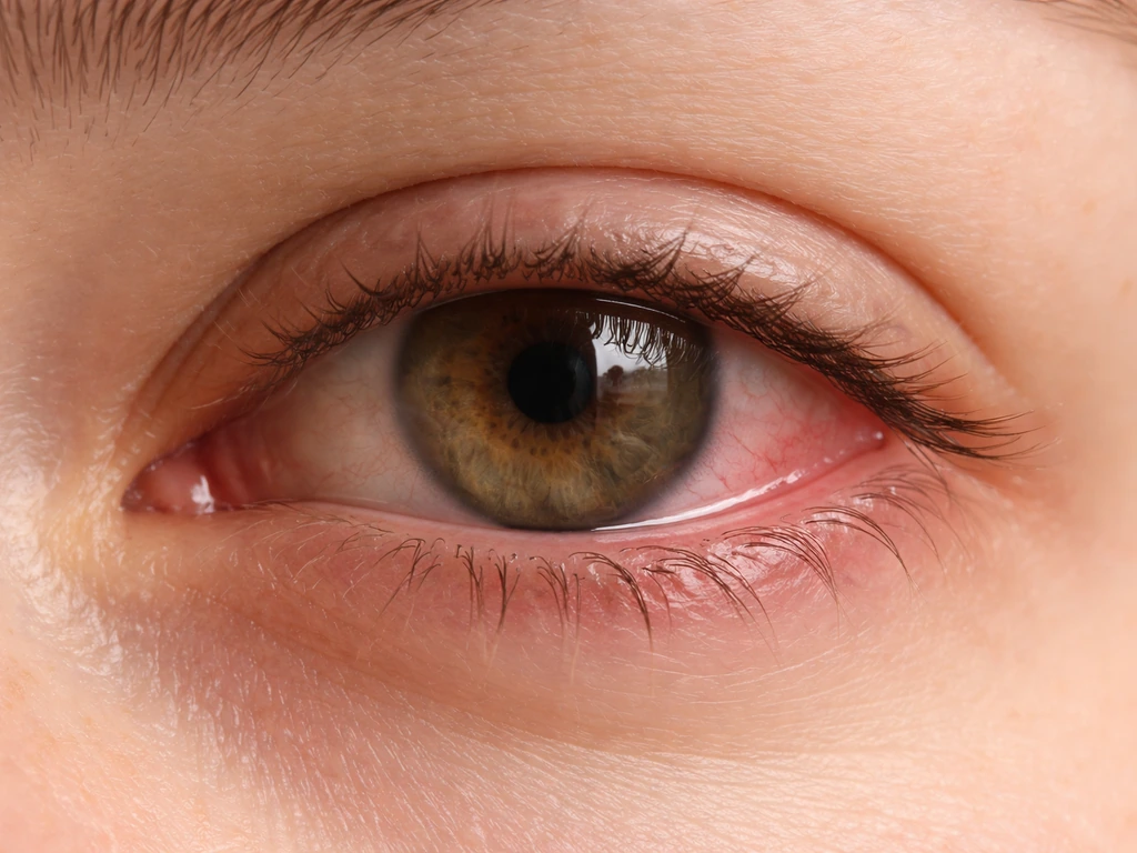 Close-up view of a mildly irritated red eye with conjunctivitis on the inner eyelid.