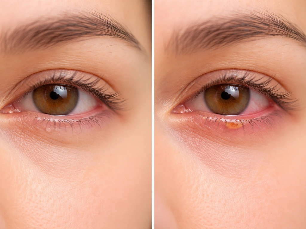 Two-panel photo showing mild vs worsening conjunctivitis signs: redness and discharge in an eye area.