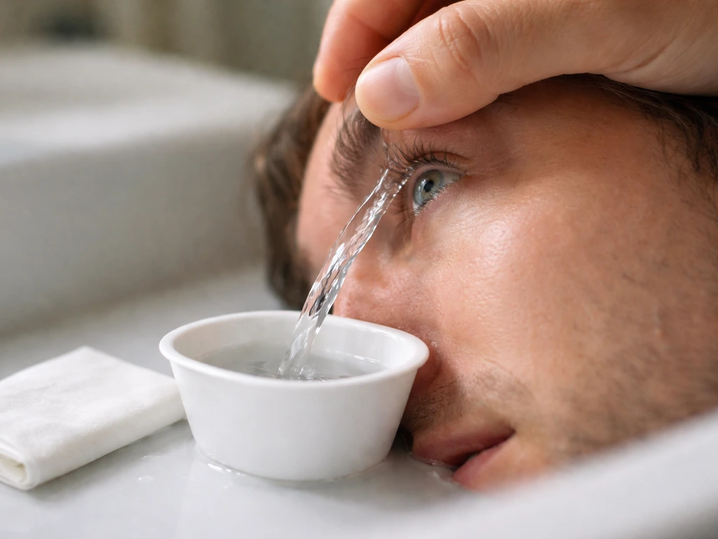 Lukewarm water gently flushing an open eye over a clean bowl, with a tissue nearby for wiping.