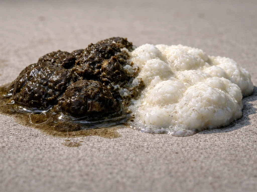 Macro close-up cross-section of bird droppings showing dark feces and a separate white crystalline layer.