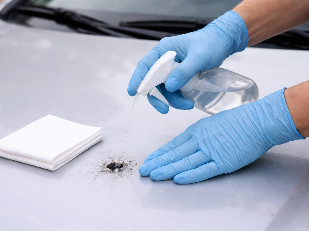 Gloved hands wet a small bird-dropping spot on a car with a spray bottle before wiping safely.