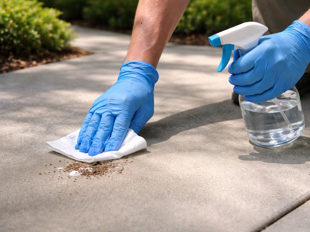Gloved cleaner wipes up bird droppings outdoors using a spray bottle and disposable wipes