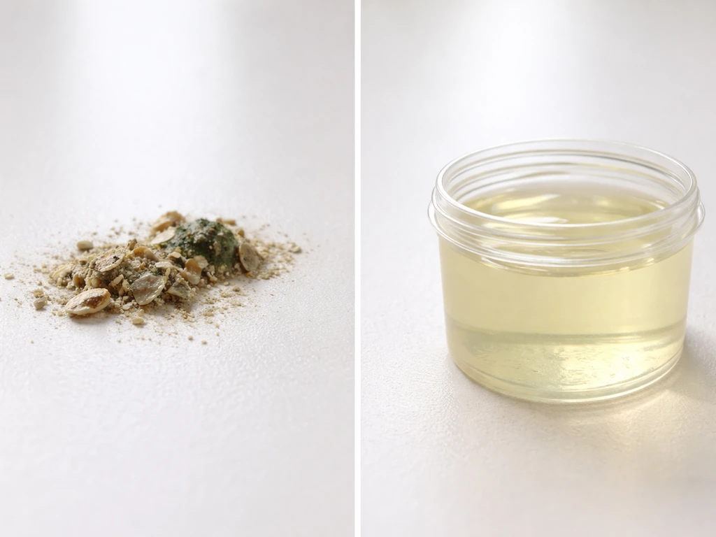 Close-up of bird droppings residue beside a small container of bleach, showing organic matter vs chlorine.