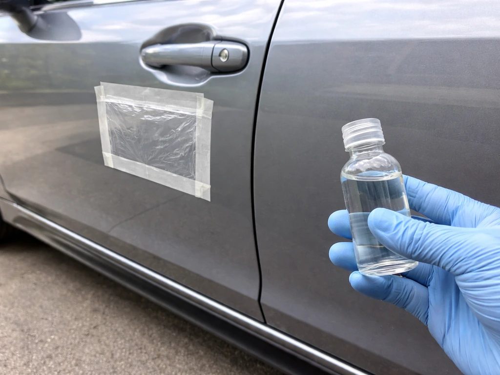 Gloved hand holding clear liquid away from a car’s glossy paint, with a protected covered patch visible.