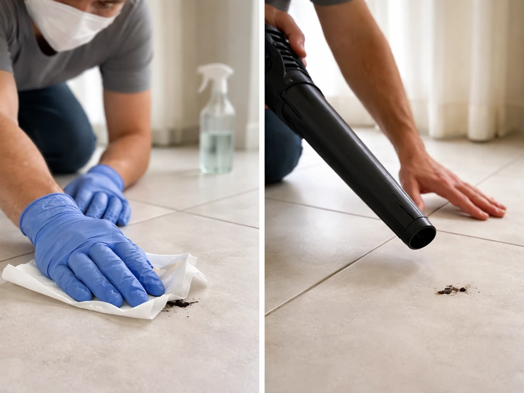 Split view of safe wet-and-wipe cleanup with mask and gloves versus avoided leaf blower near dried spot.