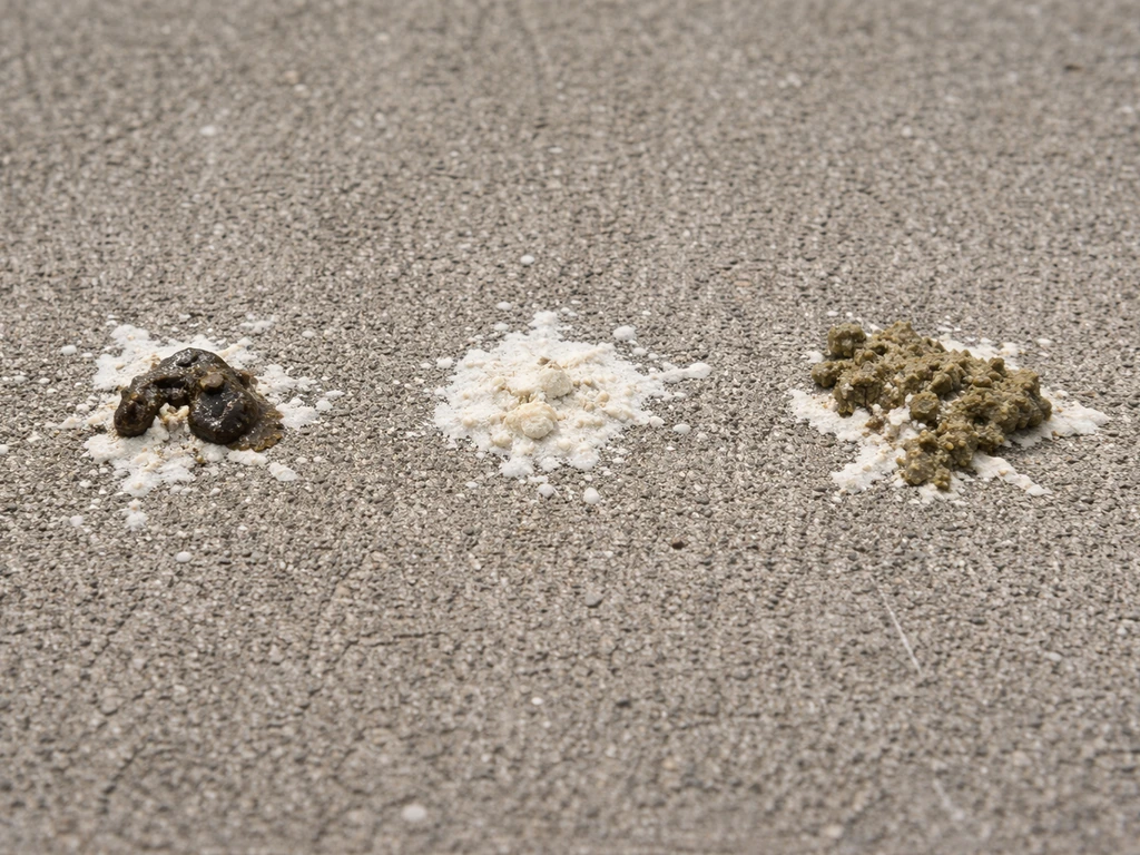 Side-by-side close-up of bird droppings showing dark, white urates, and greenish-brown fecal variations on pavement.