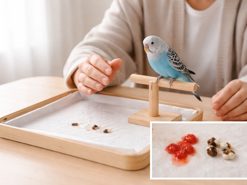 Caregiver closely monitoring a pet bird, with an inset showing bright red droppings beside normal droppings