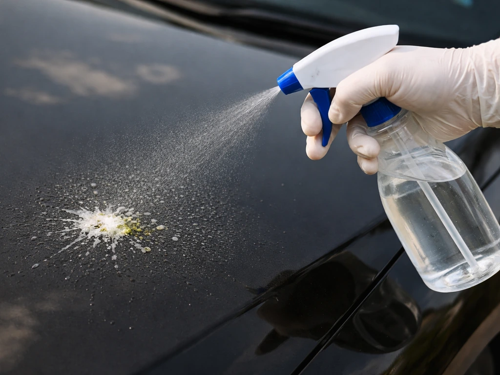 Hand gently misting water onto fresh bird droppings on a car hood, before wiping with soapy water.