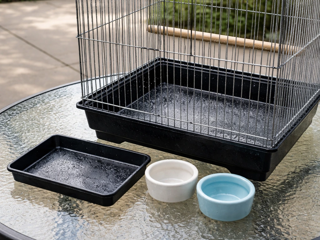 Close-up of a bird cage on a concrete patio with damp bars and food/water bowls ready to sanitize.