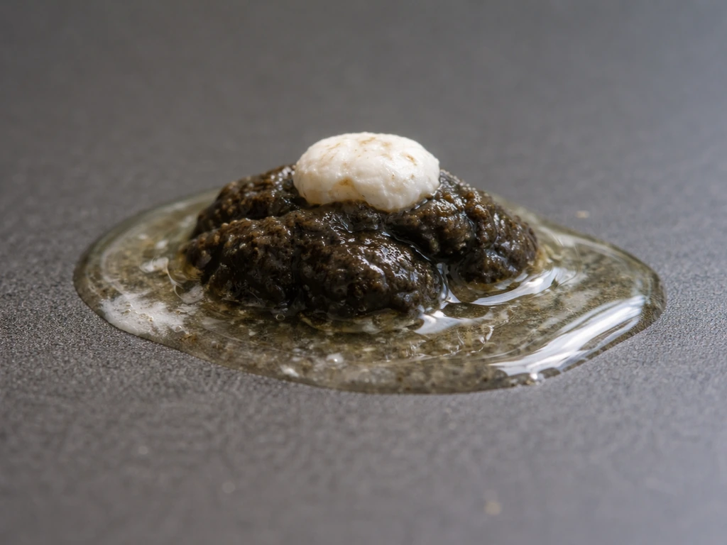 Close-up of three-part bird droppings: dark fecal mass, white urate cap, and clear watery urine.