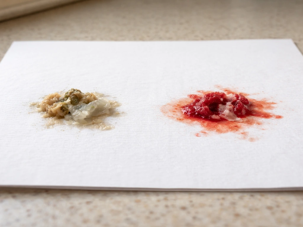 Close-up of bird droppings on clean paper: a normal light-brown sample beside a clearly red sample