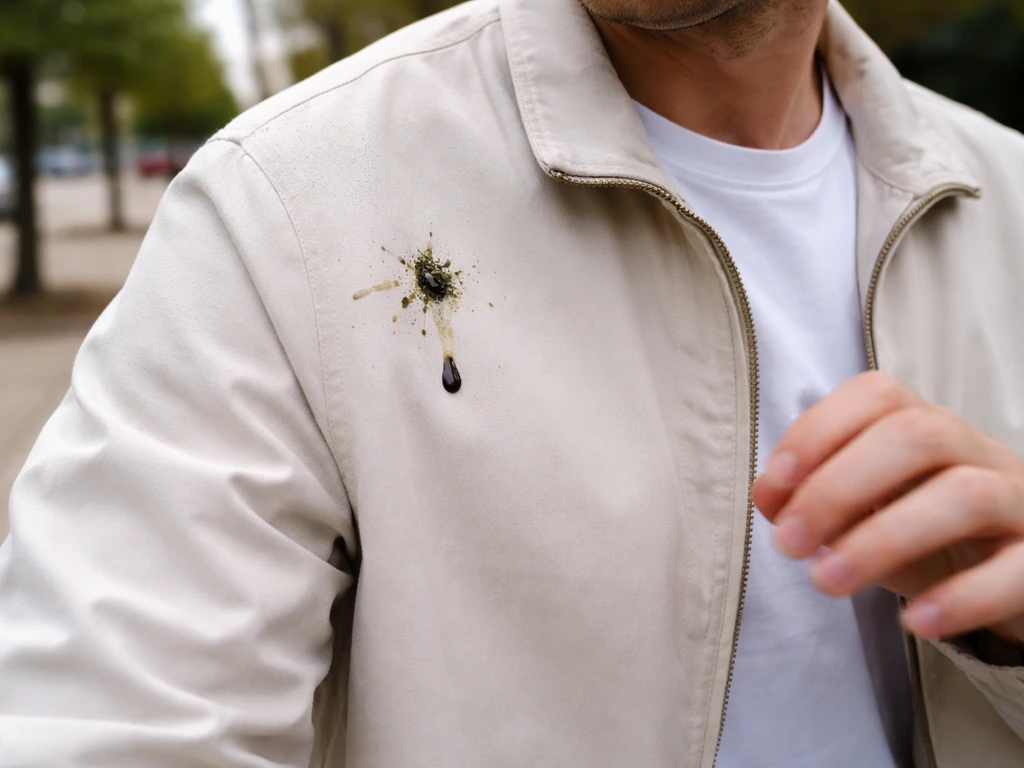 Anonymous person’s light jacket and sleeve show fresh bird droppings after a fall outdoors.