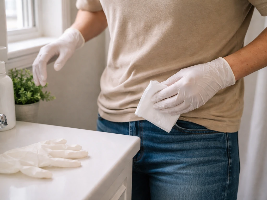 Gloved hand blotting a small wet spot with tissues while stepping away, gloves on counter in a bathroom.
