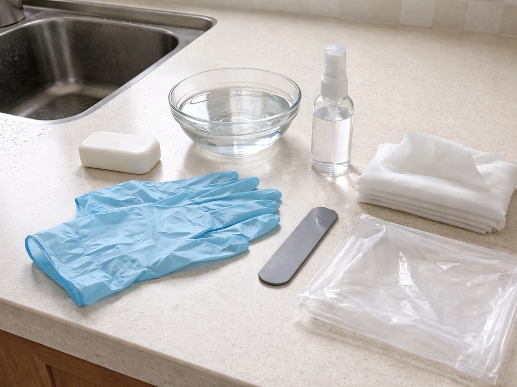 Minimal countertop layout of a cleanup safety kit: soap, spray bottle, gloves, wipes, scraper, and bag.
