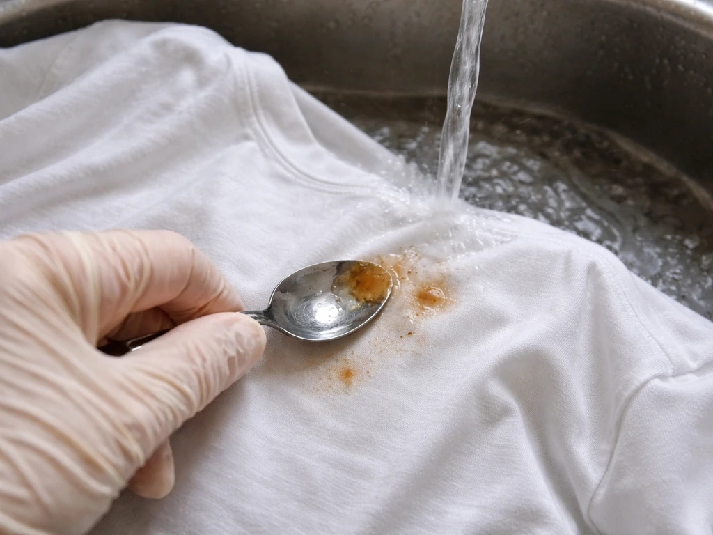 Gloved hand scraping a stain on a shirt while cold water rinses from the back side