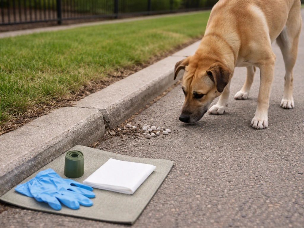 Dog sniffing bird droppings near a sidewalk while a pet-safe cleanup setup sits ready in the grass
