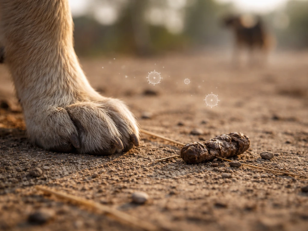 Close-up of a dog paw on outdoor ground near dry stool, showing germs on the surface and implied dog-to-dog spread