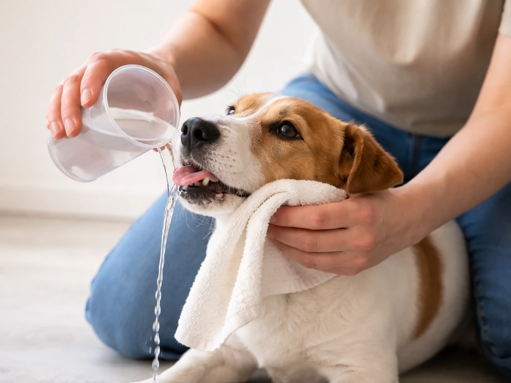 Person rinsing a small dog’s mouth with tepid water after it licked bird poop