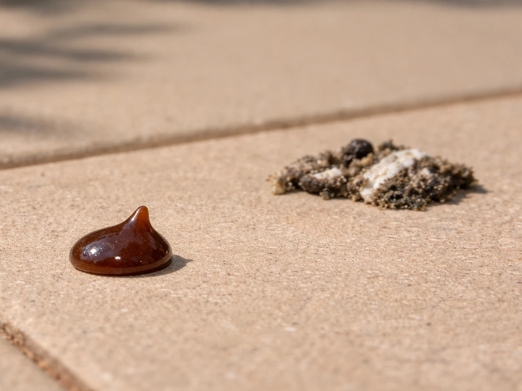 Close-up of two spots on a patio—bug-like droplet residue next to real bird droppings for comparison.