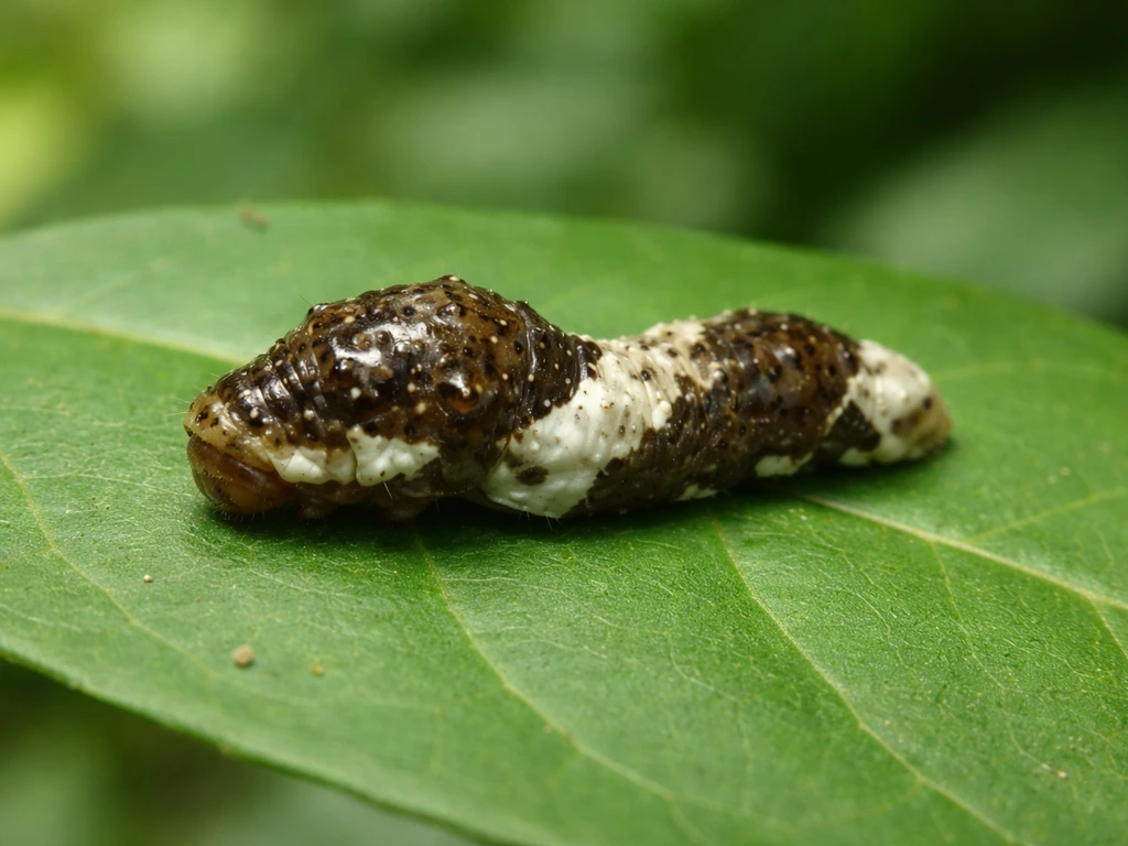 Macro close-up of a mottled giant swallowtail caterpillar on a leaf, camouflaged like bird droppings.
