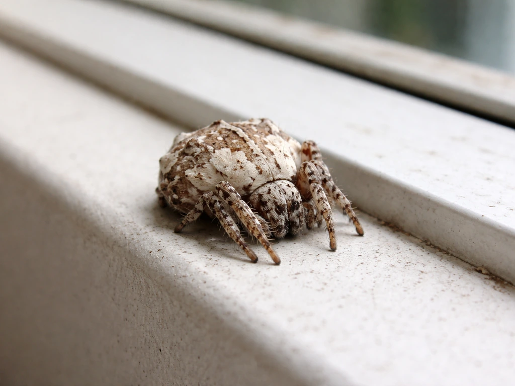 A motionless bird-dropping spider camouflaged like dried droppings on a wall/window ledge.