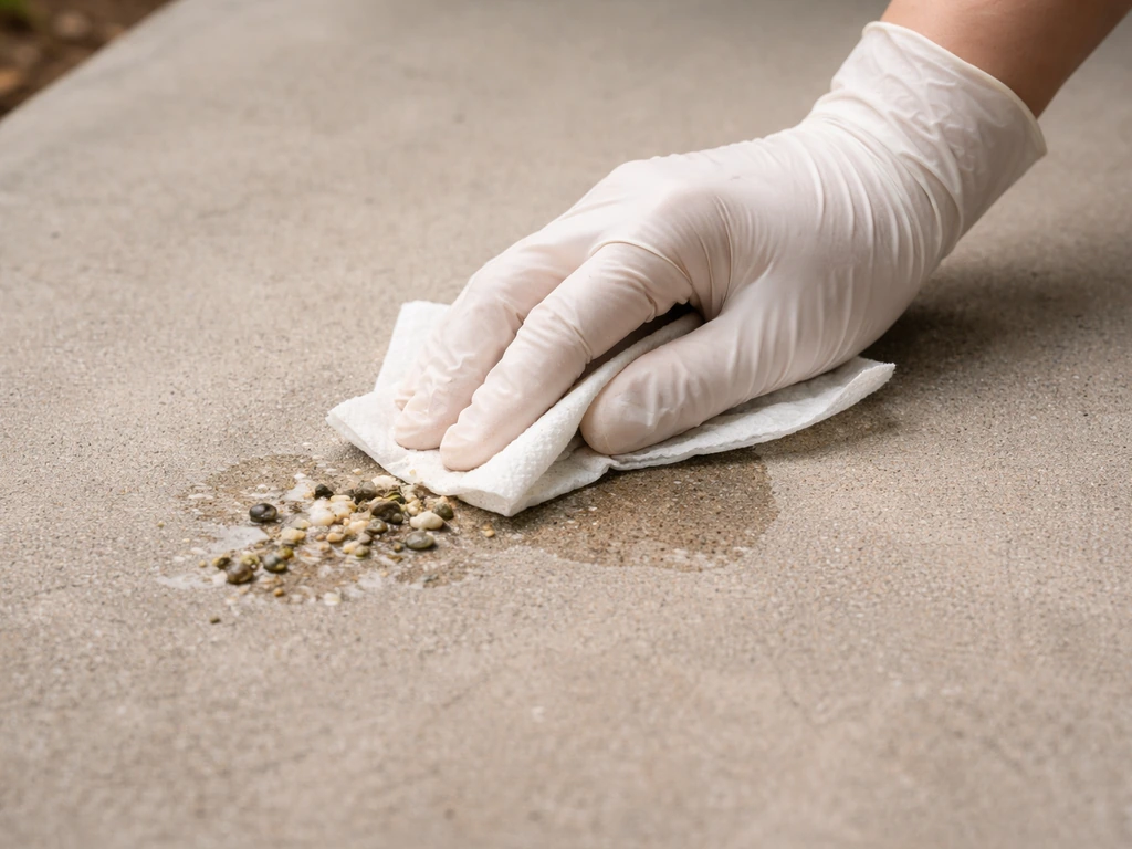 Gloved hands wiping suspected bird droppings with a damp paper towel on a concrete walkway.