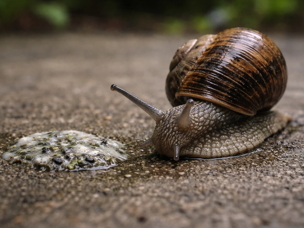 Macro close-up of a garden snail near a small moist patch of bird droppings on outdoor stone