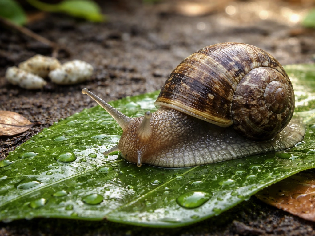 Close-up of a common garden snail on a wet leaf near bird droppings in a damp outdoor scene