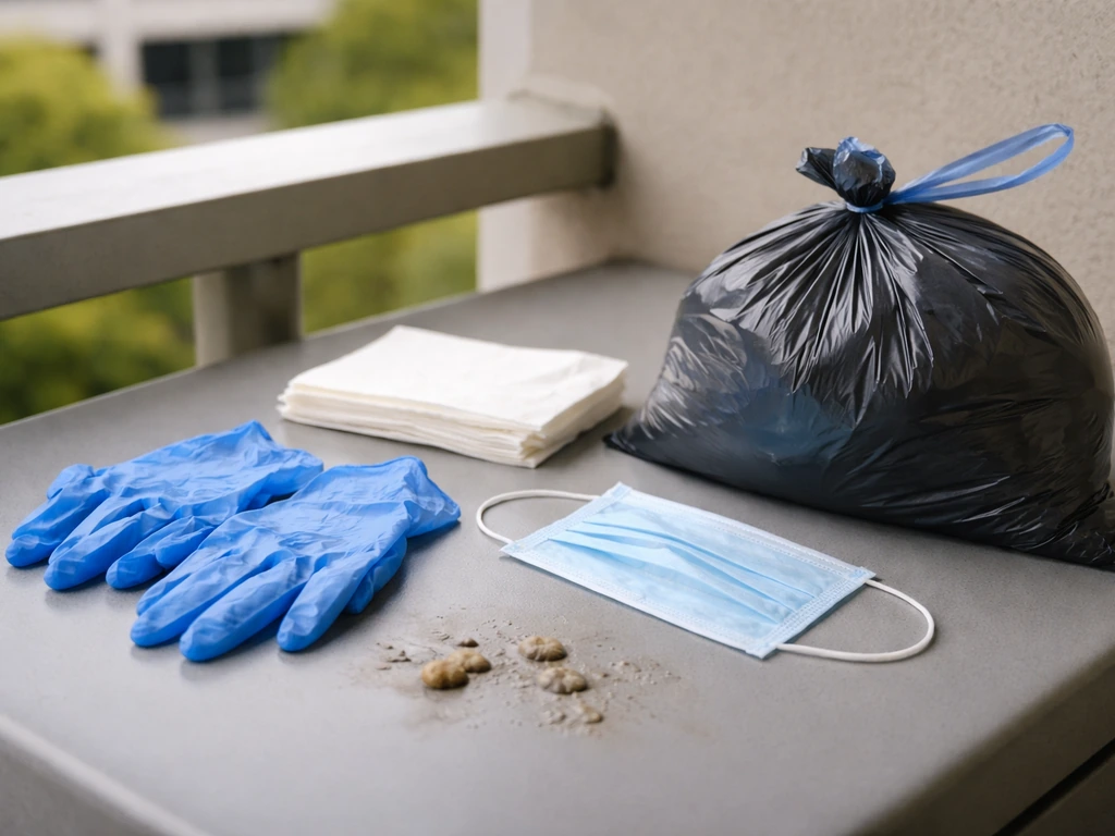 Disposable gloves and face mask beside bird droppings cleanup supplies on a balcony surface