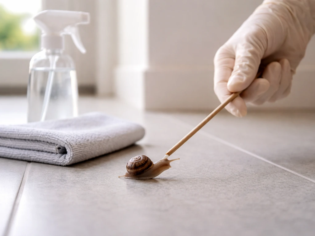 A snail on tile gently moved with a small stick, with cleaning spray and microfiber cloth nearby.