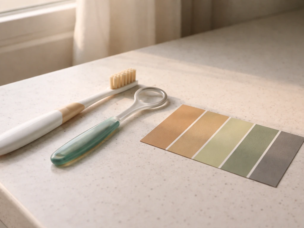 Toothbrush and tongue scraper beside muted colored cards suggesting warm nutty vs sulfur-like vs sweet smells.