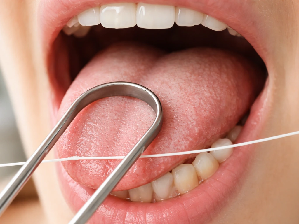 Dental close-up showing tongue coating and gumline buildup with tongue scraper and floss in frame.