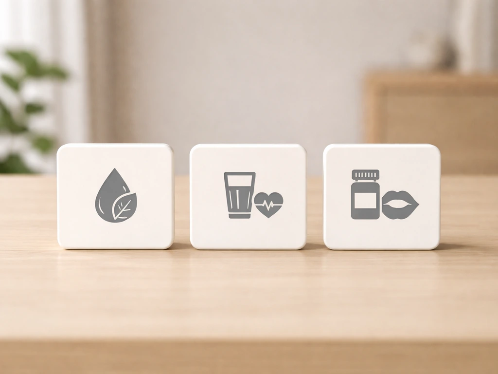 Minimal desk scene with three neutral medical-themed icons concept—breath odor clues without text.
