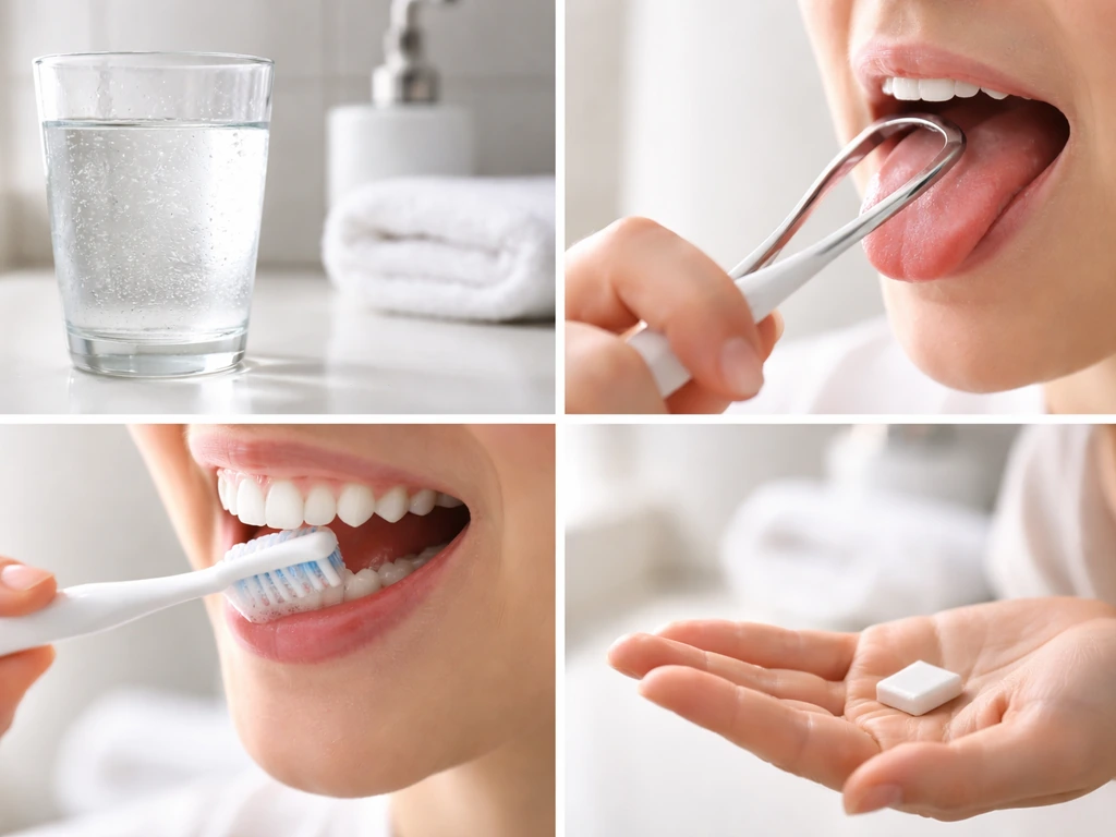 Minimal bathroom montage showing water, tongue scraping, brushing, and sugar-free gum to reduce odor.