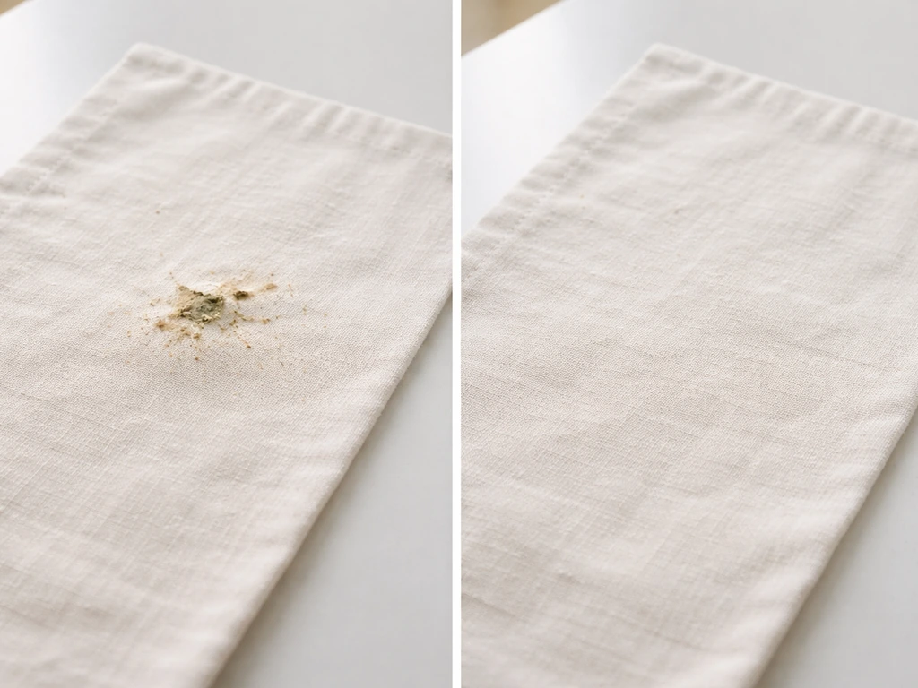Two fabric panels side-by-side: one with a dried bird poop stain, the other cleaned and bright.
